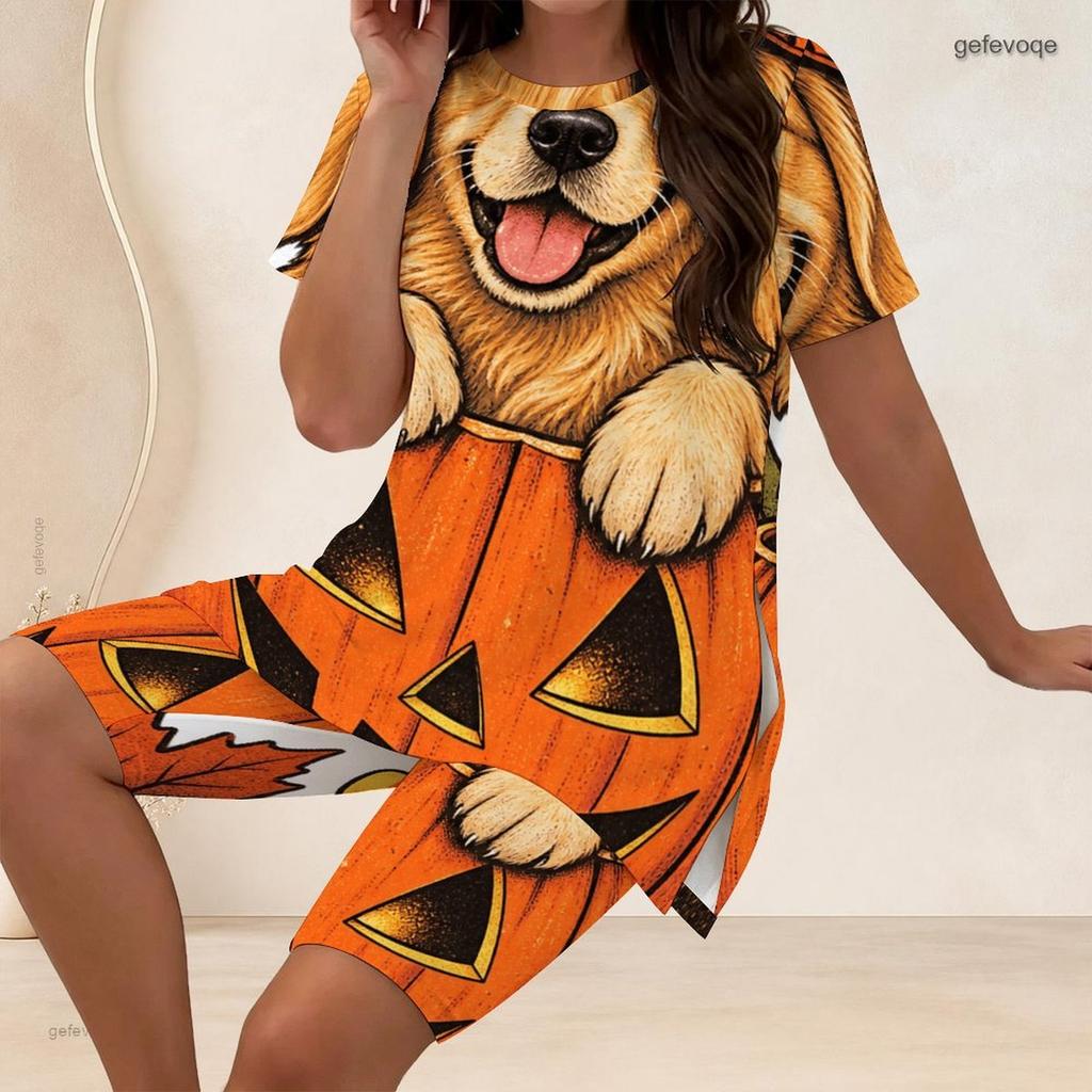 Women Plus Size Two Piece Set Crow Pumpkin Rose Print Round Neck Short Sleeve Split Top Knee Length Pants