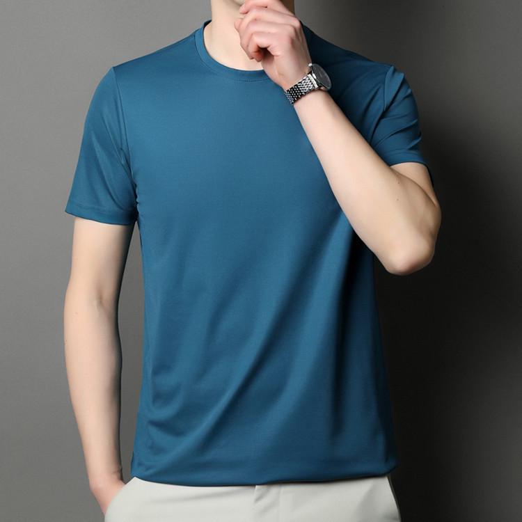 Brand 2025 Men's High-End Ice Silk Crew Neck Short Sleeve T-Shirt - Solid Color, Advanced Texture, New Summer Edition