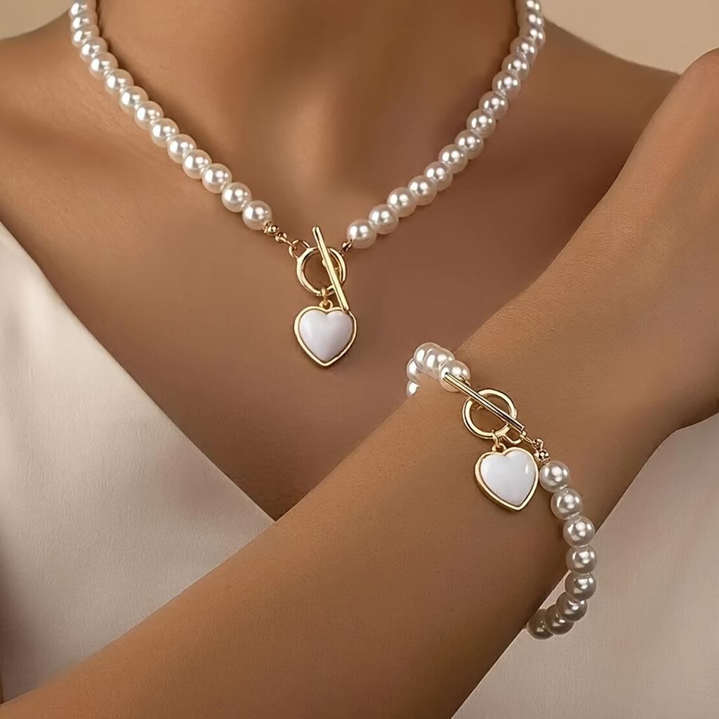 2pcs Elegant Red Heart Imitation Pearl Jewelry Set,Necklace and Bracelet for Women,Perfect for Daily Wear & Valentine'S Day Gift