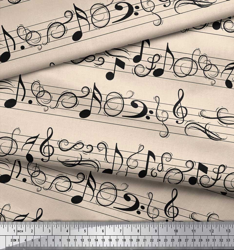Soimoi White Japan Crepe Satin Fabric Notes Musical Instrument Printed Fabric 1 metre 42 Inch