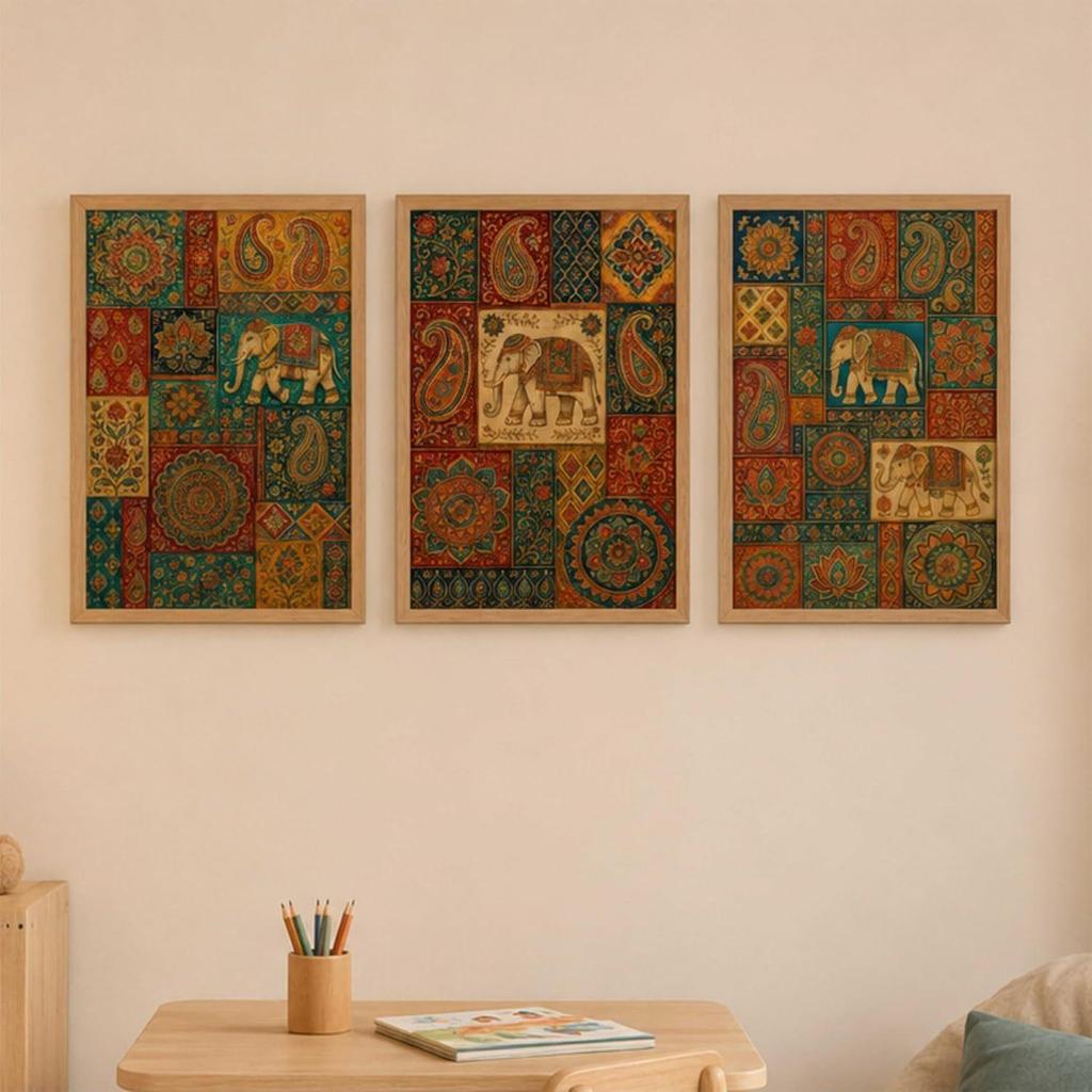 Livin'luxe Set of 3 Rajasthani Elephant Patchwork Wall Paintings for Living Room Bedroom Home Decor with Premium Wooden Color Synthetic Frame