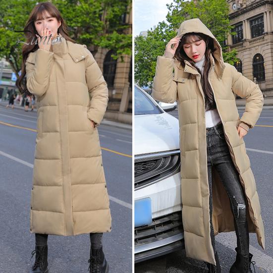 Women Cotton Coat Hooded Long Sleeve Pockets Side Slit Hem Down Jacket Solid Color Pockets Thickened Casual Outwear