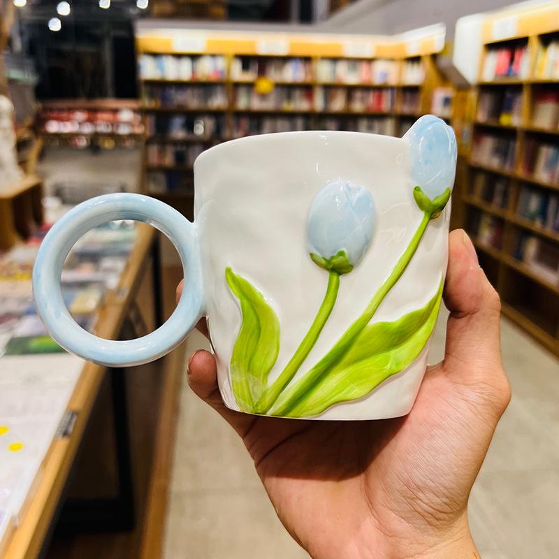 Tulip ceramic mug with lid spoon milk coffee cup girls water cup high value cup office home