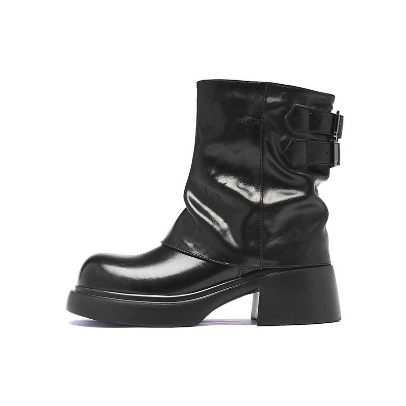 Augustine Black Martin Boots Women's 2025 New Autumn Medium Boots Martin Boots Thick-soled Western Cowboy Boots