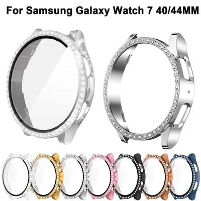 Glas+Diamant Hülle für Samsung Galaxy Watch 7 40 44mm Zubehör Bling PC Stoßfänger+Bildschirmschutz für Galaxy Watch 7 Hülle Case