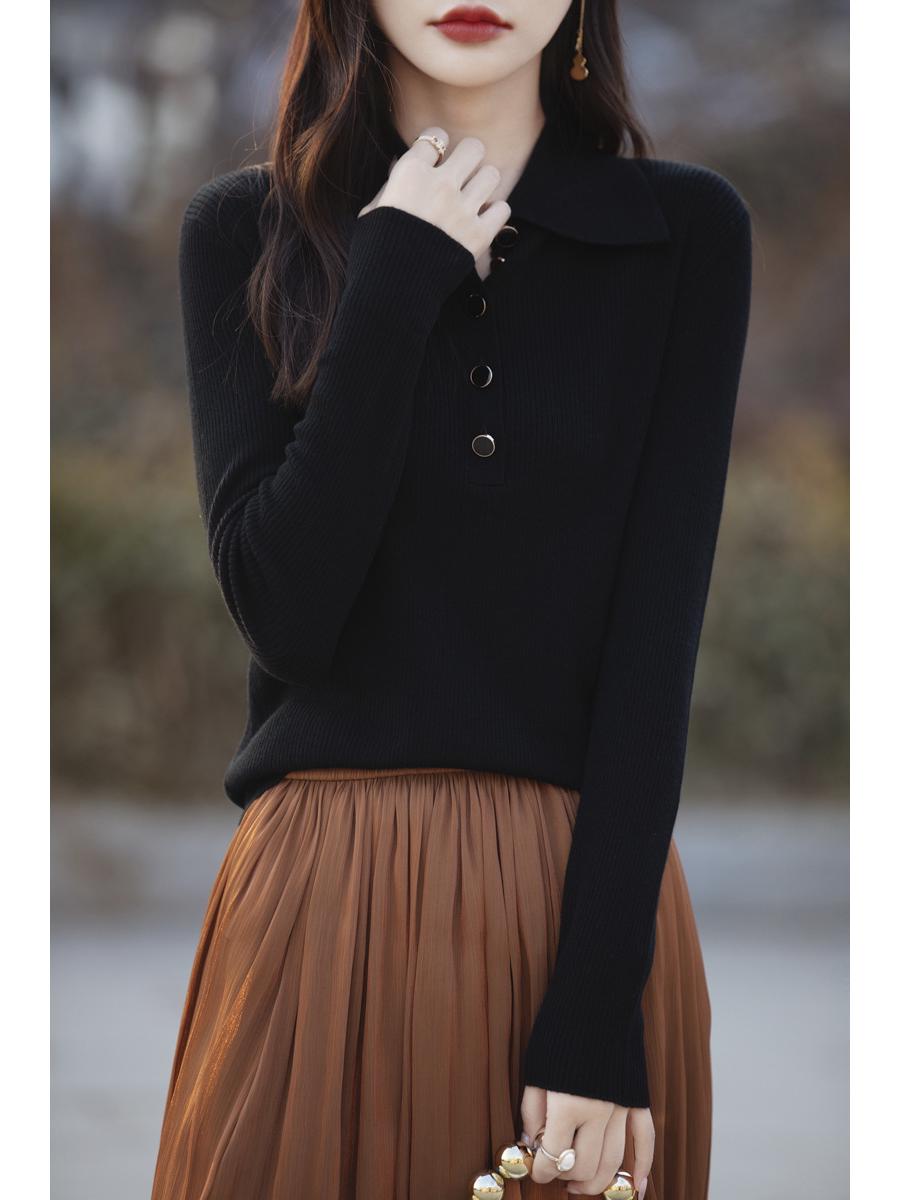 

Женский весенний свитер из мериносовой шерсти - Приталенный крой, Высококачественный однотонный, Вязаный топ с отложным воротником Medium