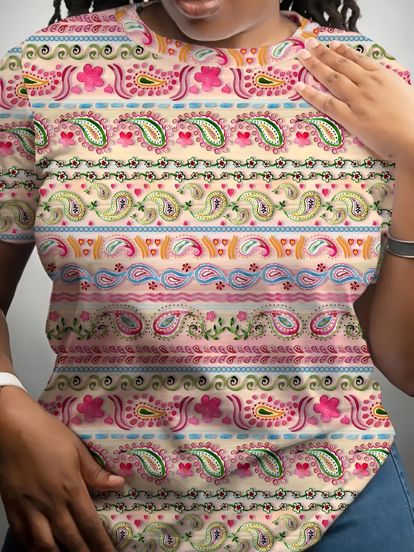 

[Print Design Not Textured] Women Pink Paisley Striped All Over Print Round Neck Short Sleeve T-Shirt. Featuring Colorful Paisley Patterns Combined wi 3XL дубильна кора
