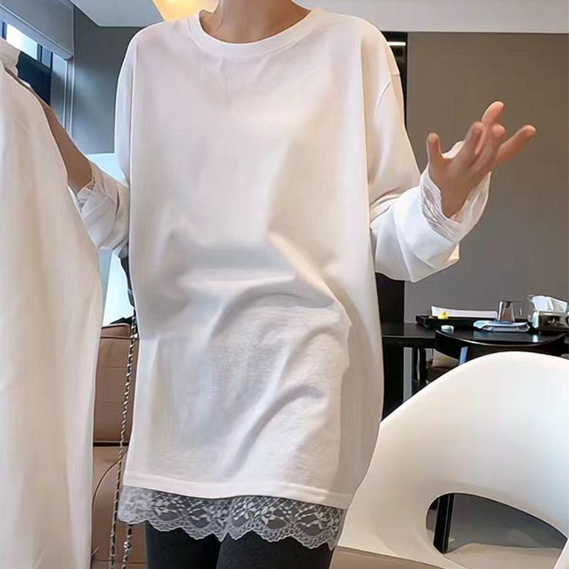 

Белая футболка со средней длиной рукава и кружевной вставкой, новинка весны и осени 2025 года, свободный топ для ношения под низ S белый