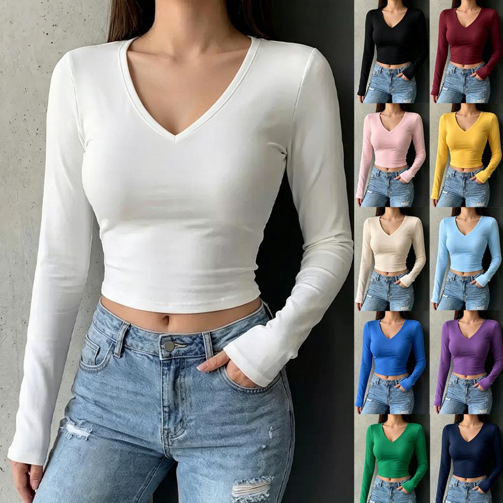 Women's Slim Fit V-Neck Long Sleeve T-Shirt Versatile Cropped Top for Everyday Wear