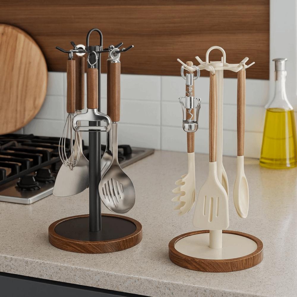 8 Hooks Rotating Spatula Rack Movable Space Saving Cooking Utensils Holder Anti Slip Stable Base Spatula Storage Rack Kitchen