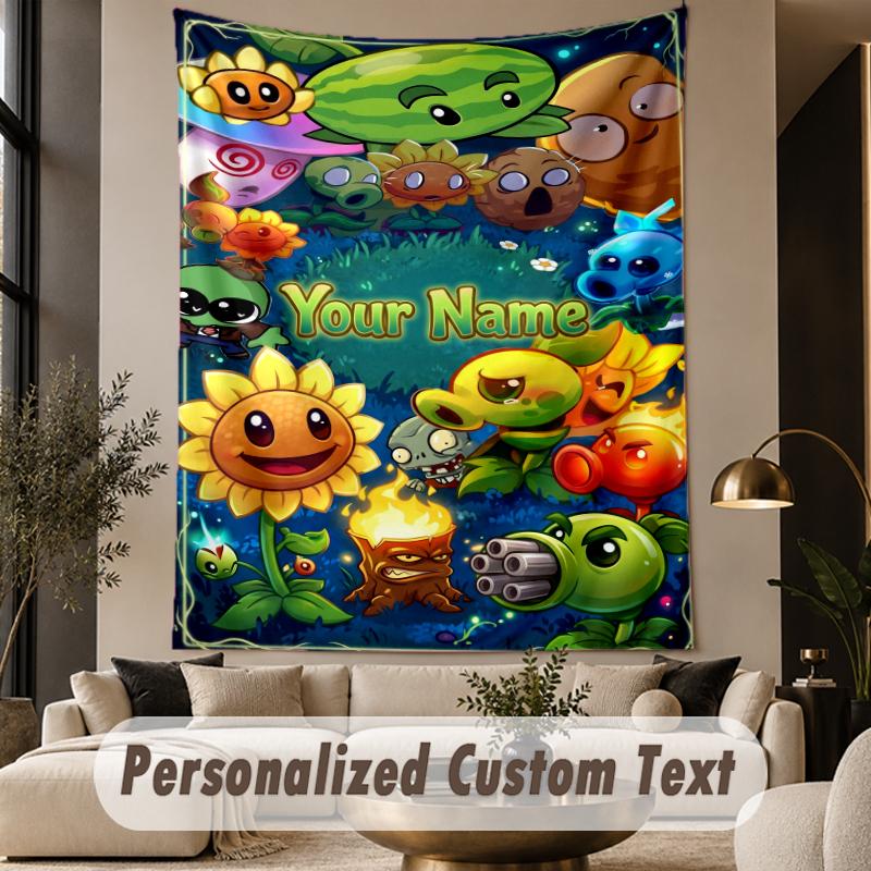 Custom Text Printed Tapestry Plants vs. Zombies Pattern Large Wall Hanging Indoor Room Decor
