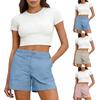 Weiche Shorts aus Baumwollleinen für Damen, Taschen, weicher Knopfverschluss, kein Reißverschluss, schmale Passform