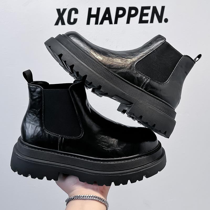 Thick-soled Chelsea boots Men's breathable British style short boots Inner height increase Medium top leather shoes High top Martin boots 1683-A