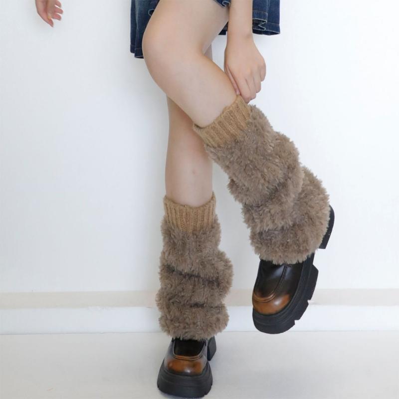 Ribbed Knit Cuffs Furry Leg Warmers for Women Students Winter Furry Plush Boot Covers Stretchy Calf Socks Streetwear