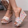 Fashion Floral Print Wedge Slippers Women Slip On Chunky Platform Sandals Woman Summer 2025 Thick Bottom Non Slip Outdoor Slides