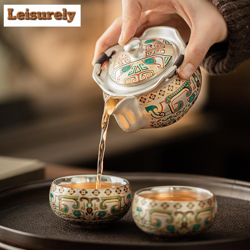 Vergoldetes Silber Völlerei Muster Tee-Set Komplettset Zen Teezeremonie Set Teebereiter Teekanne und Teetasse Set Chinesisches Tee-Set Geschenk