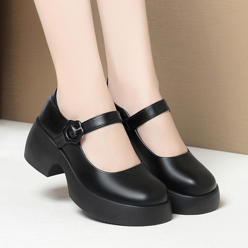 Mode Damen Schnalle Plateau Pumps Runde Zehenpartie Hoher Absatz Mary Jane Schuhe 2024 Neu Elegant Rutschfest Schwarz Weiches Leder Einzelne Schuhe