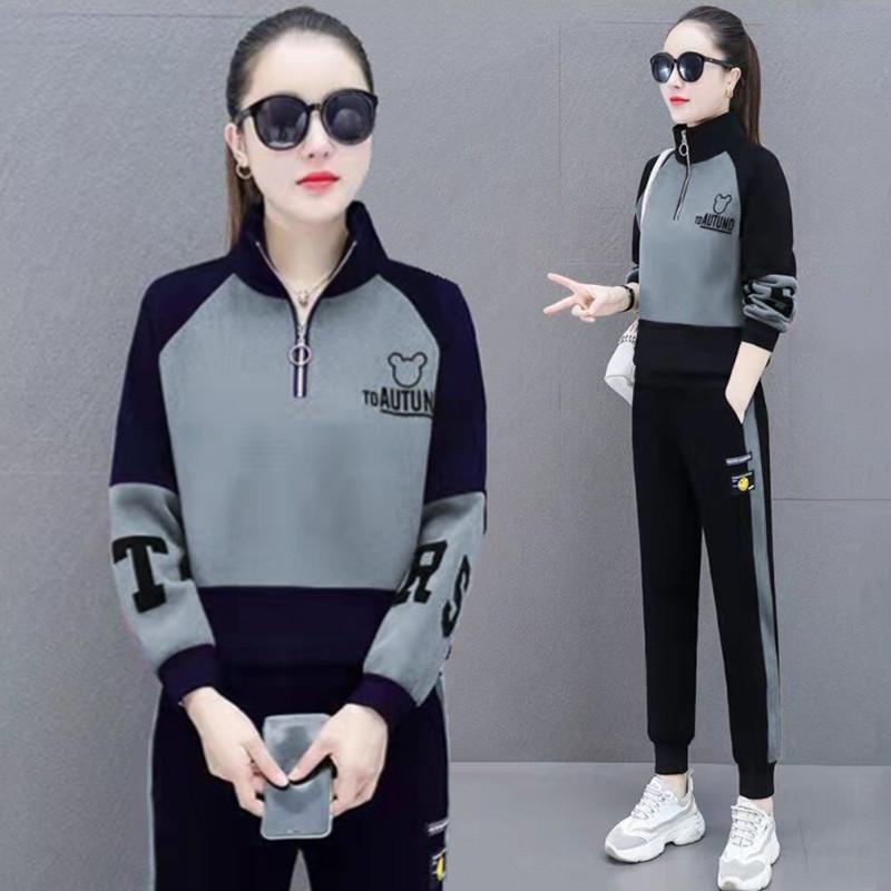 Women's Stand Collar Half Zip Two Piece Tracksuit Loose Fit Color Block Raglan Top Elastic Waist Jogger Pants Embroidery Casual Autumn Matching Set