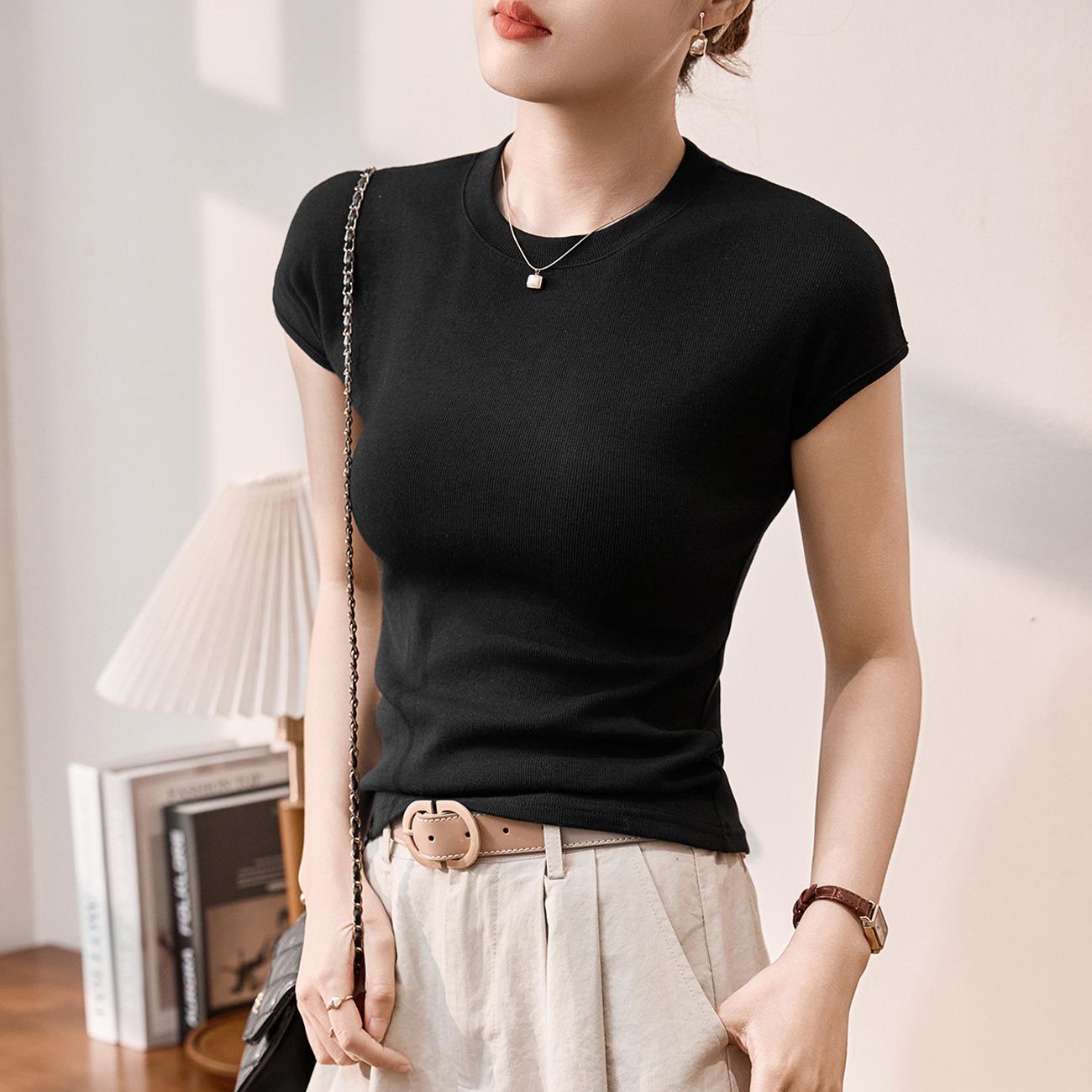 

French Style Short-sleeved Women s Summer T-shirt Slim Round Neck Top XXL