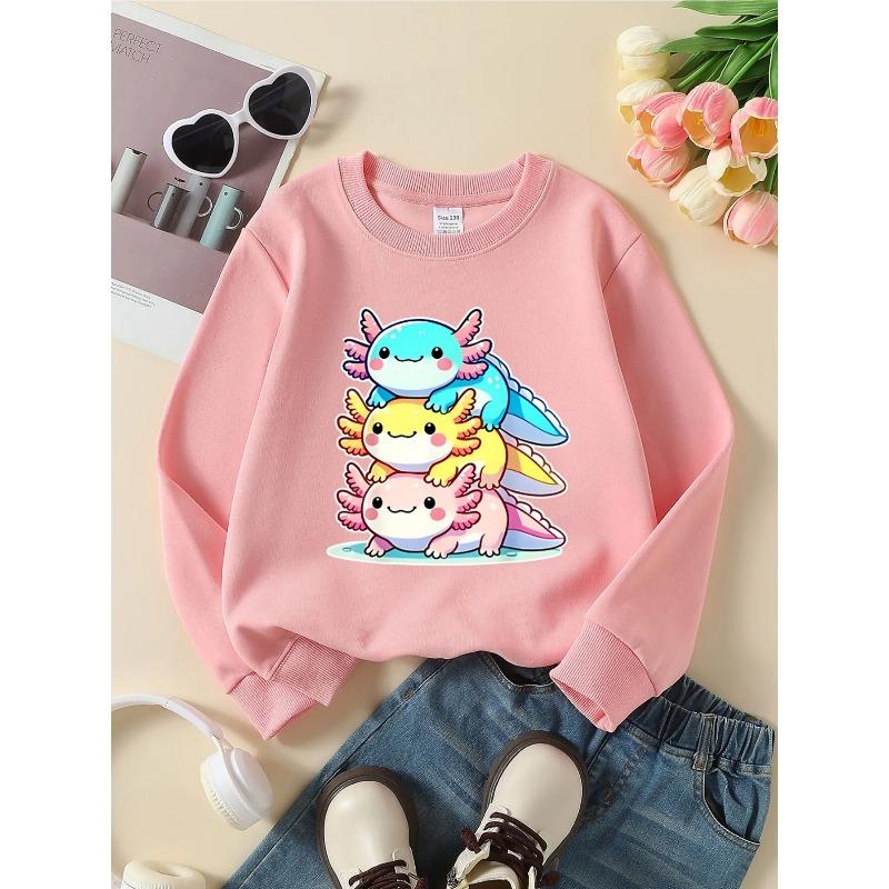 European sizes Kids' Crewneck Sweatshirt - Cute Axolotl Stack Pattern Print  , Sportswear And Casual Wear, Soft And Comfortable