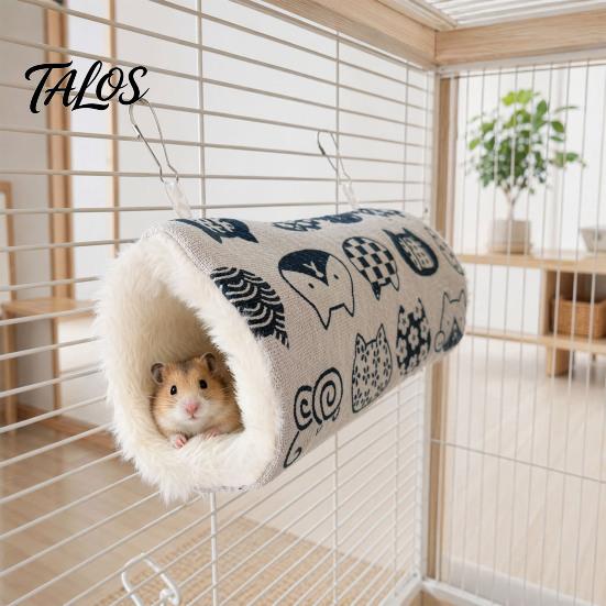 Túnel Acogedor para Mascotas Cama para Hámster, Túnel Escondite para Cobayas, Estampados Lindos de Gatos, Escondite Colgante Lavable Forrado de Felpa, Accesorio para Jaula para Petauro del Azúcar