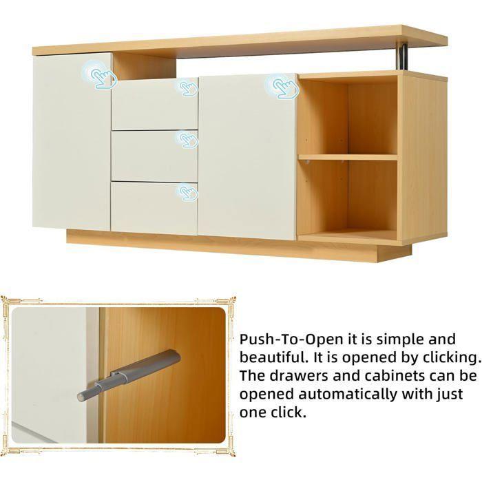 Low Sideboard - LEMONBEST - Multifunctional Living Room Sideboard - White+Oak - 3 Drawers & 2 Doors - LED