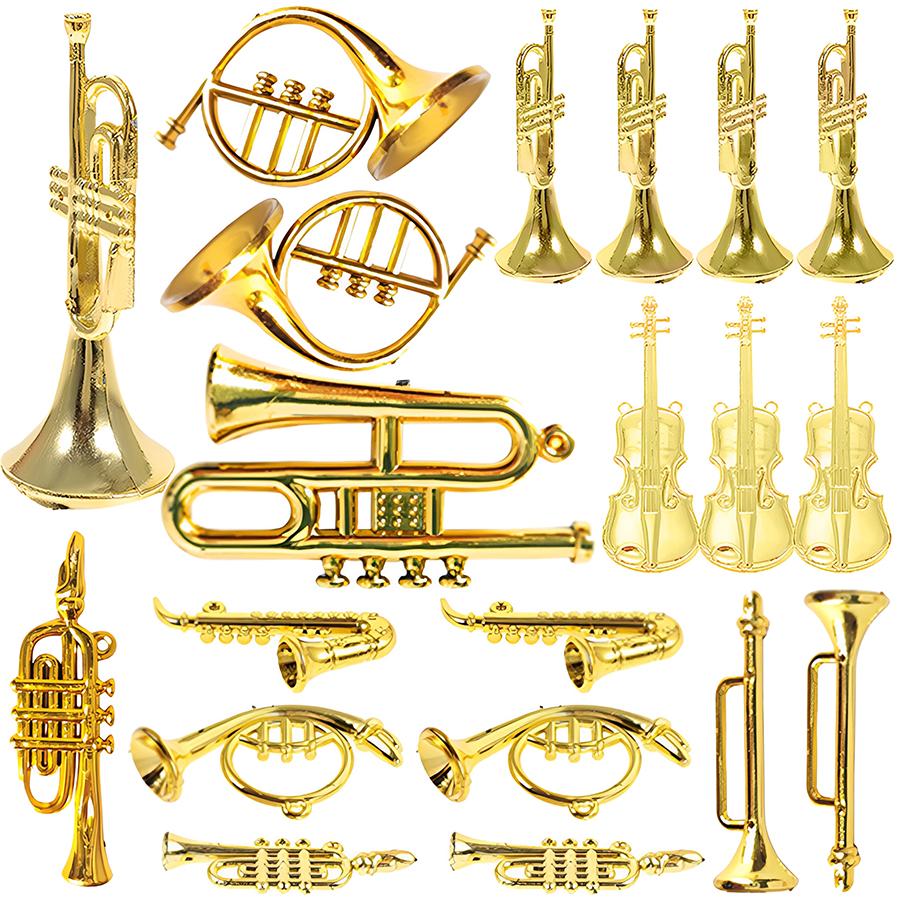9/18pcs Mini Golden Musical Instrument Ornaments 2-7cm Miniature Guitar Violin Horn Saxophone Dollhouse Decor Desktop Display