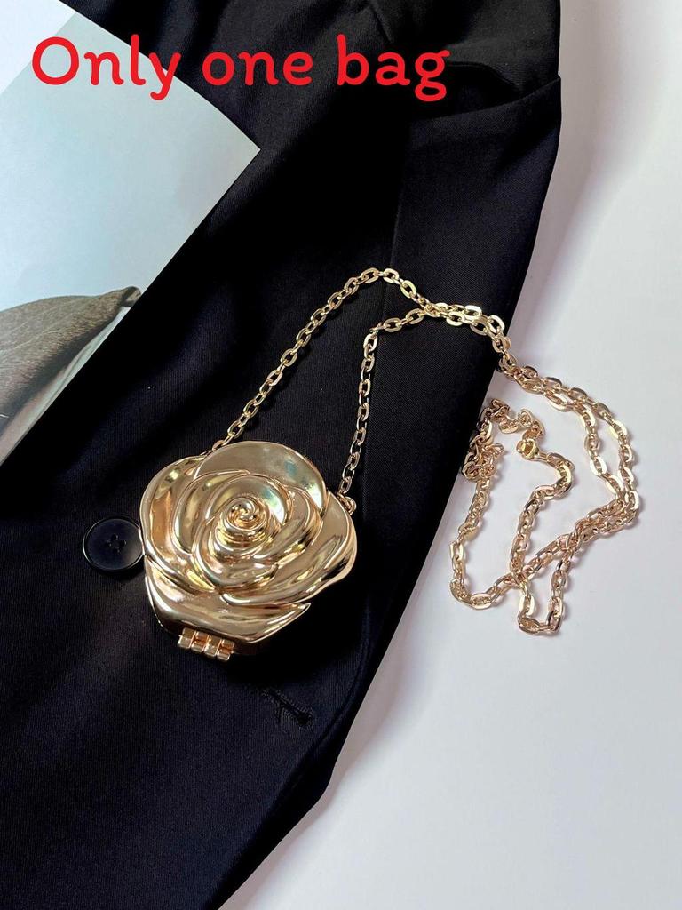 Metallic Rose Flower Mini Box Bag With Magnetic Closure For Daily Fashion Accessories