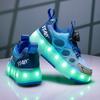 28-36 Pantofi de sport cu plasă cu LED-uri, cu patru roți, de demontare în pantofi de sport plat, pantofi de sport iluminați, pantofi pentru copii