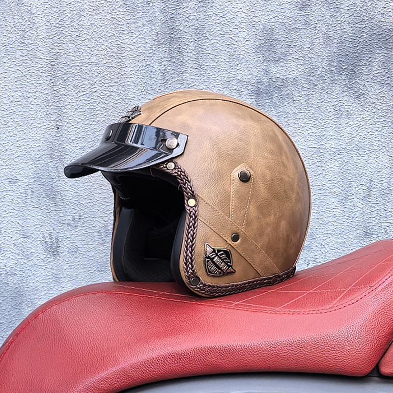 Retro Motorcycle Helmet PU Leather Open 3/4 Chopper Bicycle Helmet CapacetDOT Certification
