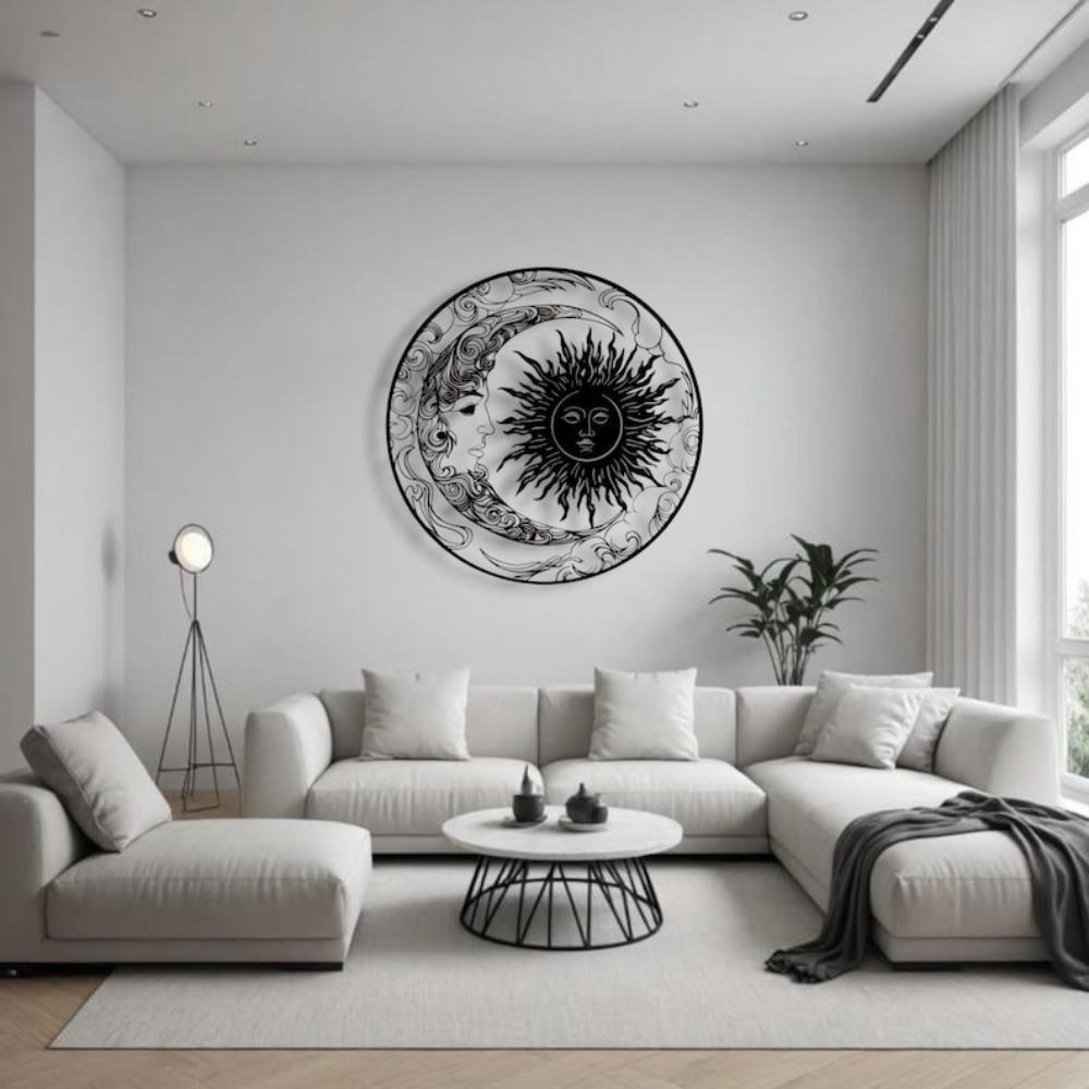 Metal Wall Art Sun and Moon Laser Cut Black Steel Home Decor Modern Design