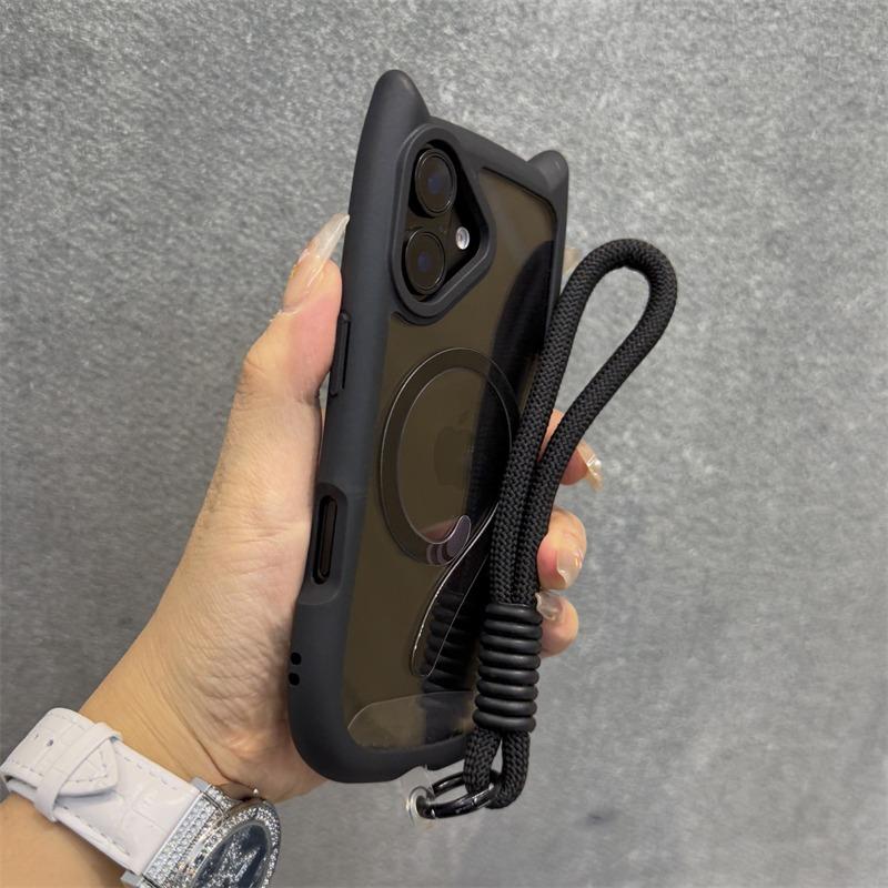 Cute Cat Ear Magsafe Case for iPhone 13 14 15 16 Pro Max 11 12 15 16 Plus Transparent PC TPU Armor Cover with Wrist Strap Chain