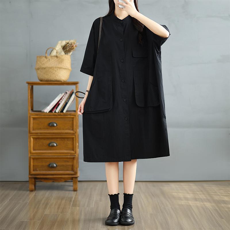 

DIMANAF Новое летнее платье больших размеров 2025 Женское базовое винтажное повседневное платье-блузка с коротким рукавом Свободное на пуговицах XL чёрный