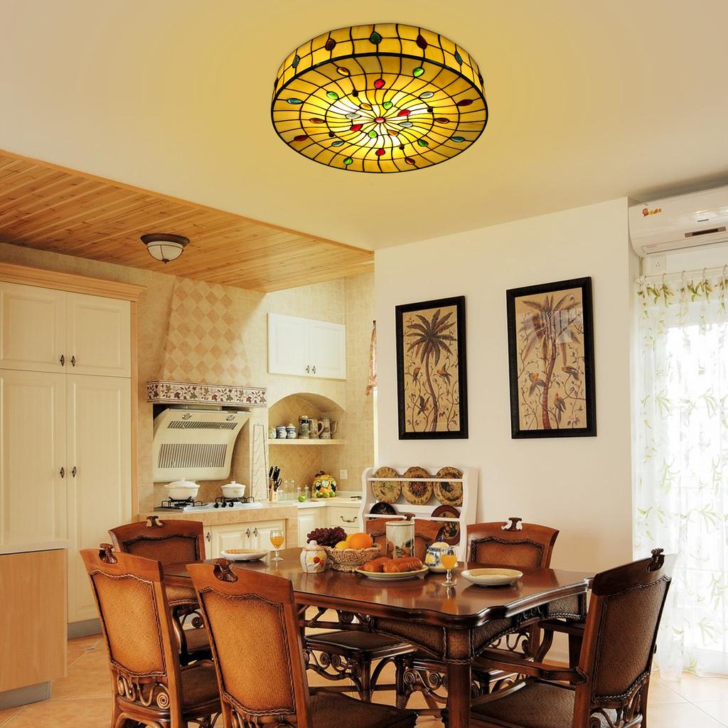 Tiffany Style Flush Mount Ceiling Light W/ E26 Holder– 18 Inch Round Modern Ceiling Lamp W/ Peacock Pearls for Bedroom, Kitchen
