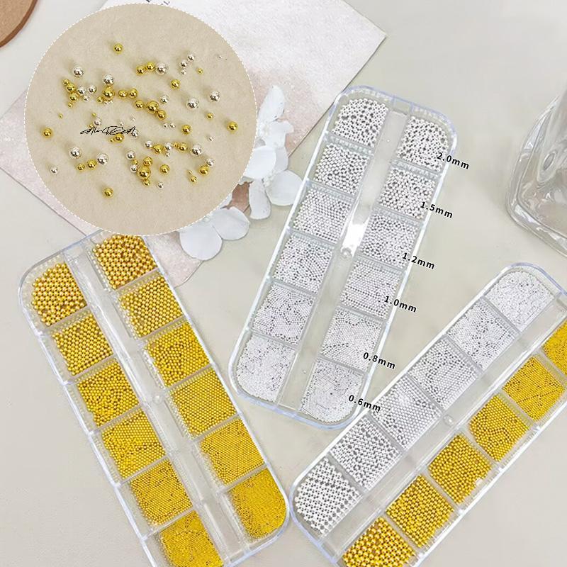 12 Grids 0.6-2mm Mixed Size Tiny Steel Beads Nail Art 3D Design Gold Silver Micro Ball Jewelry Manicure Tips Charm DIY Decor