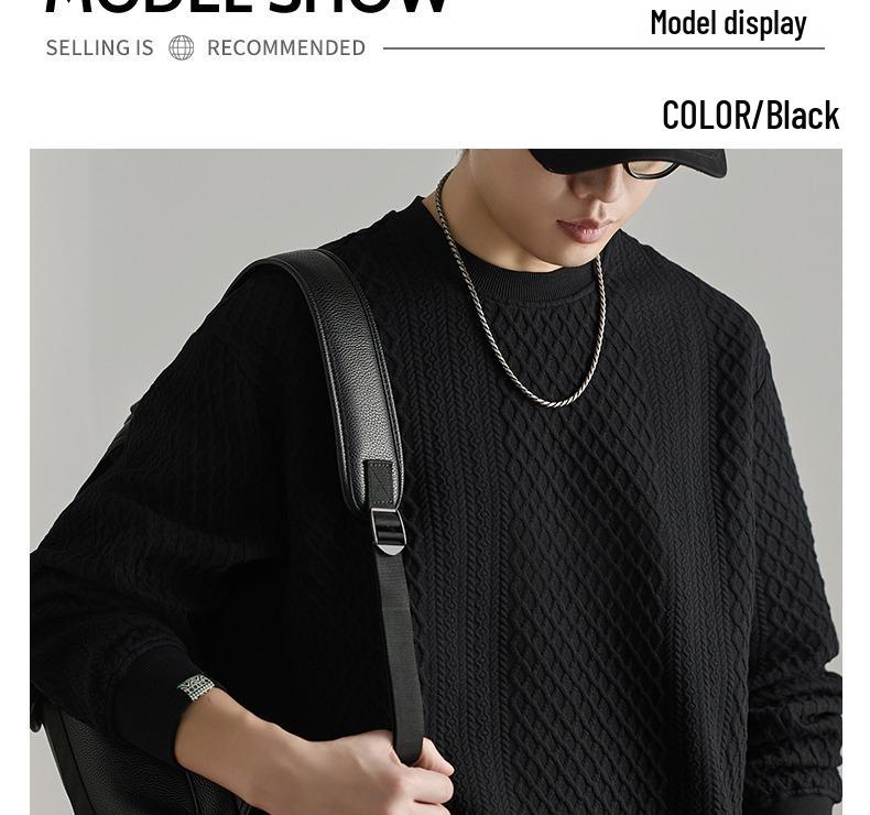 Retro Trendy Textured Jacquard Round Neck Sweatshirt for Men - Loose Fit, Plus Size Friendly, Casual Long Sleeve Top