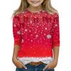 Christmas Day Print Tops For Youth Girls 4-11 Years Round Neck 3/4 Sleeves T-Shirts Trendy Tops Outfit Tees