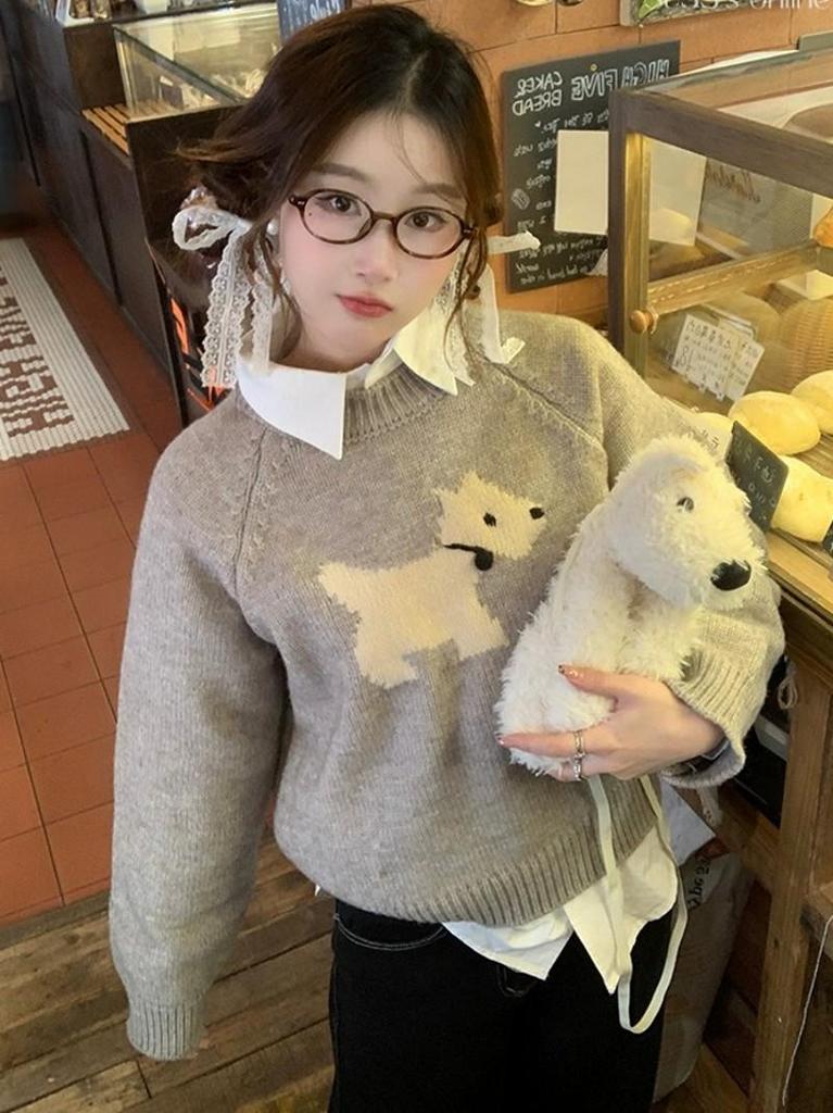 Pulover roșu rotund, cu tricotaj larg, pentru femei, cu design la modă cu cățeluș - Top trendy toamnă/iarnă, care întinerește.