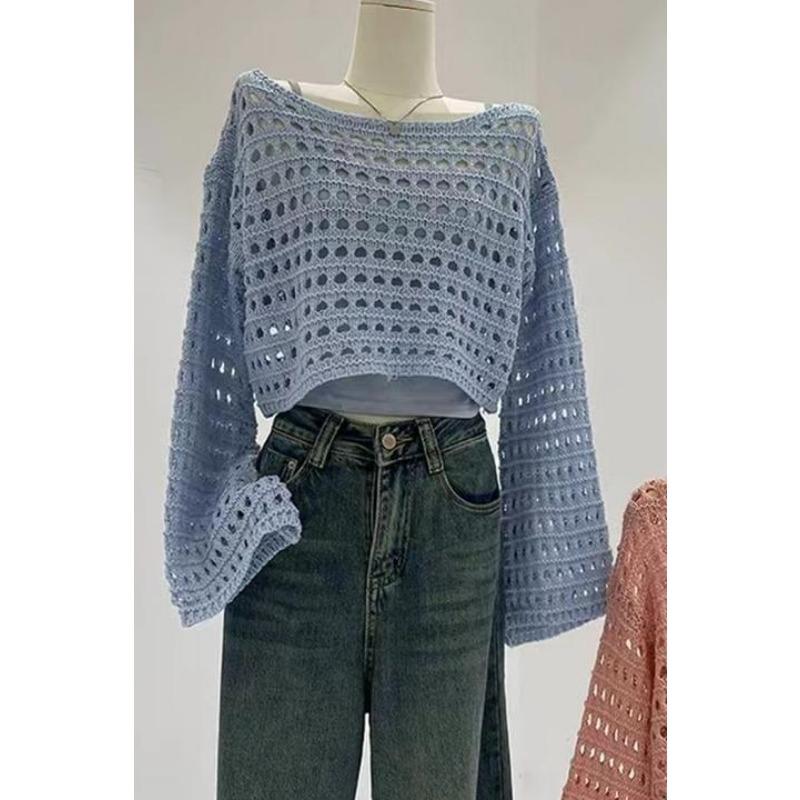 Mode Nouveau Manches Longues Découpe Voir à Travers Chemise Femme Col O Tricot Couverture Haut Court Décontracté Pull Court Ample Protection Solaire Tricot Élégant Haut Court