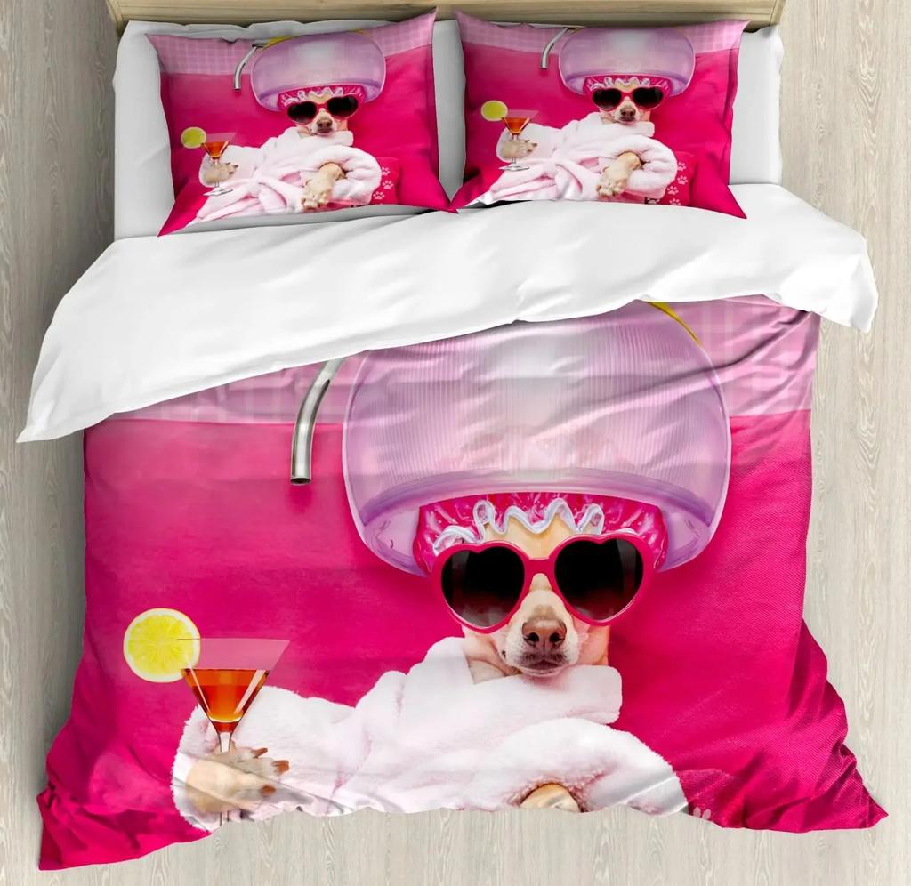 Cute Chihuahua Dog Duvet Cover Set,Girl Chihuahua Fashion Glasses Ribbons Puppy,Bedding Sets Twin Single King Size,Pale Pink