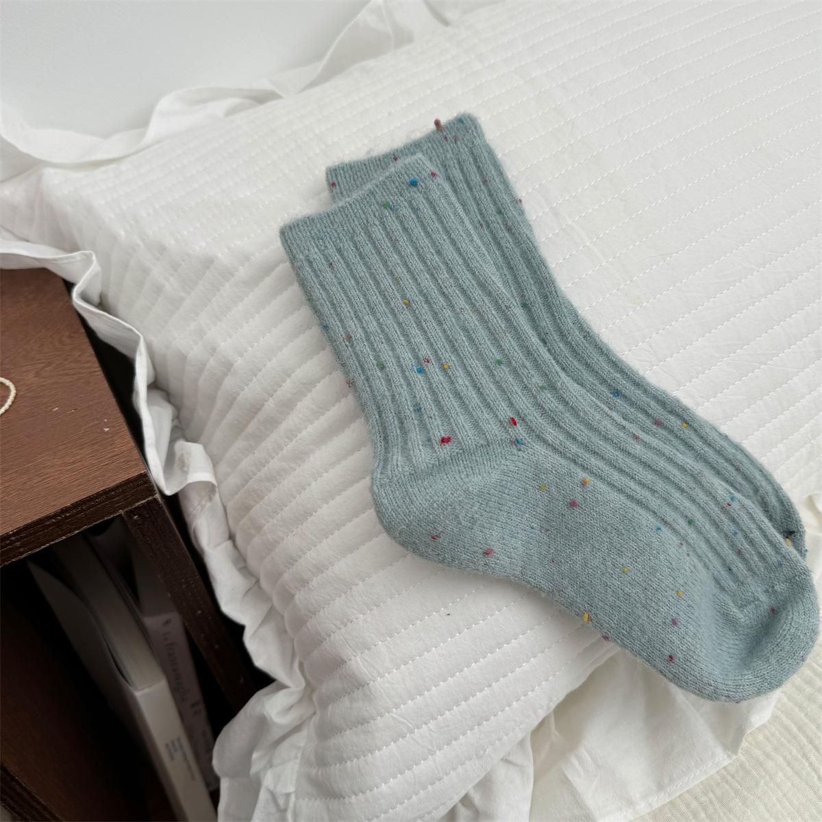 Autumn Winter Thicken Warm Polka Dot Women Socks Japanese Fashion Versatile Harajuku Solid Color Thermal Wool Knitted Long Socks 35-39