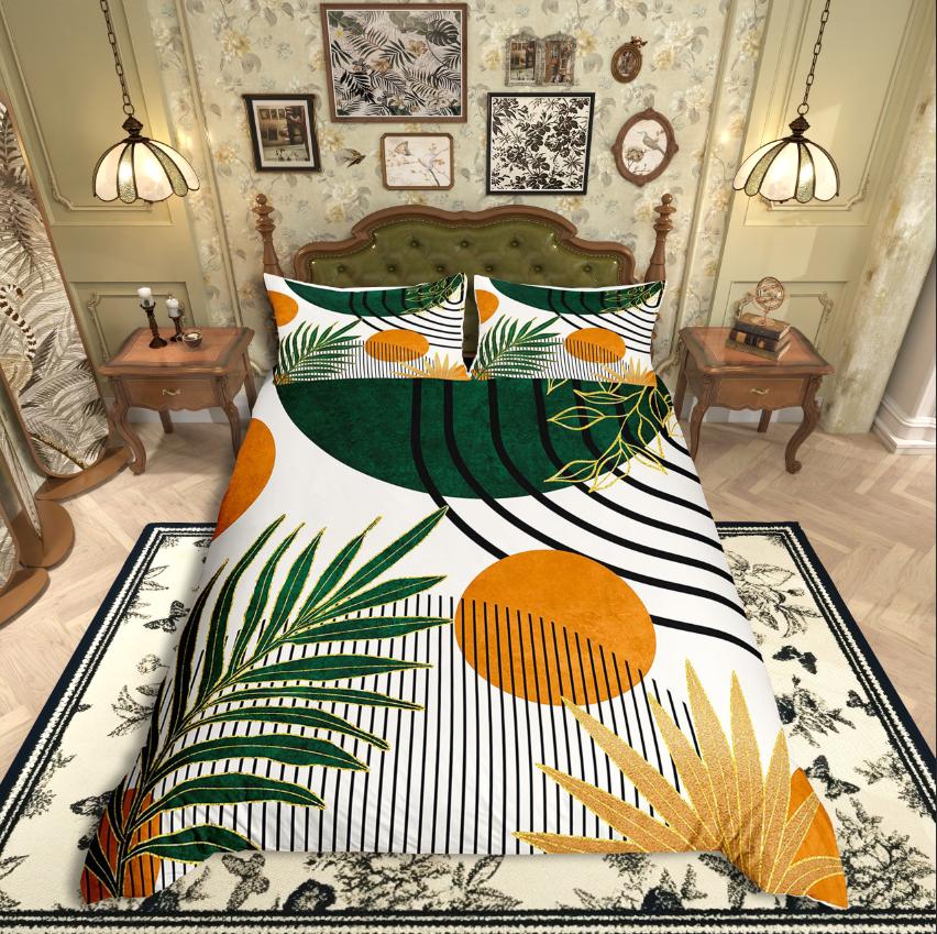 Homewish Trädblad Påslakanset,Geometriska Ränder Sängkläder,Mid Century Täcke Set