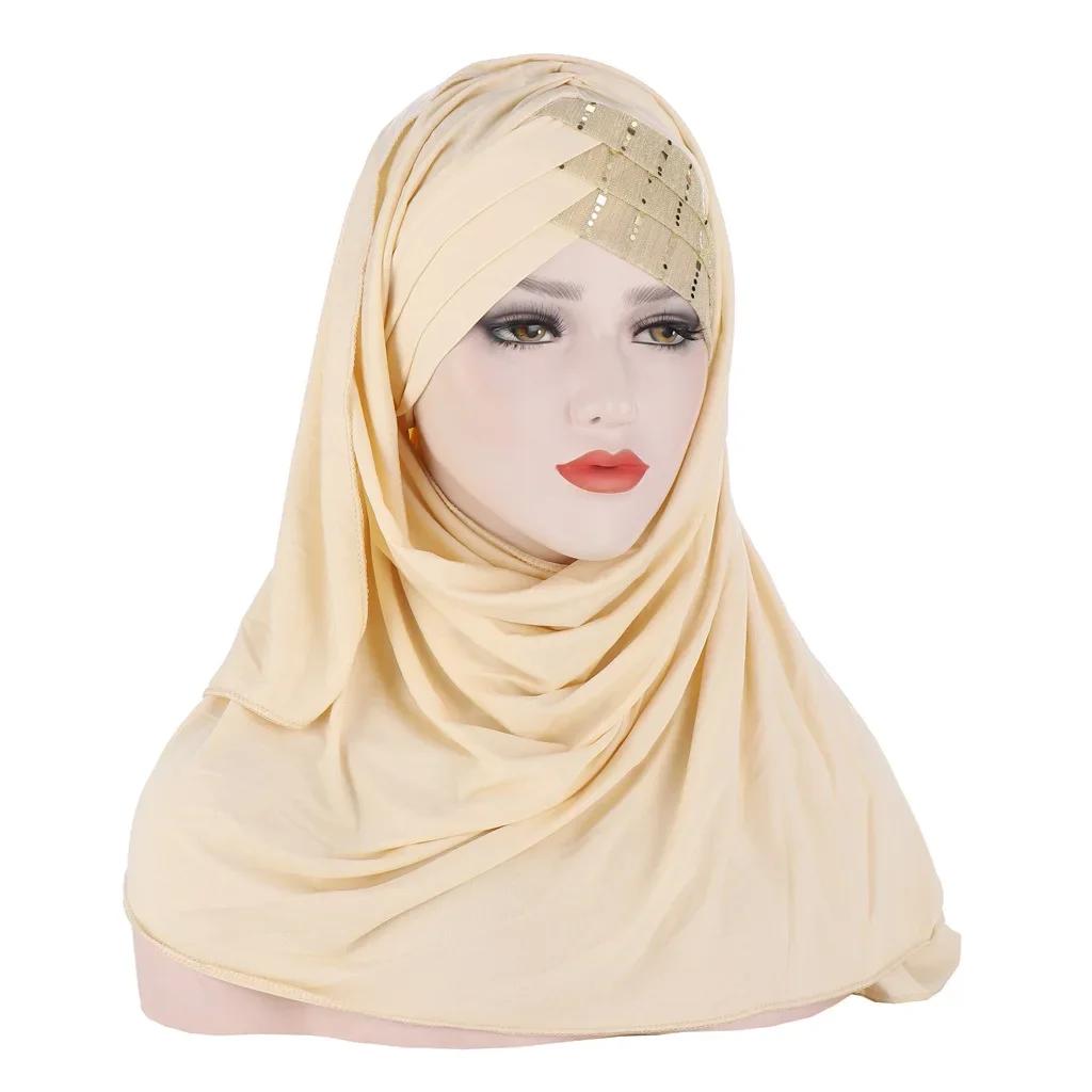 Sofort-Hijab Jersey-Hijabs Für Frauen Kreuz Stirn Pailletten-Turban Muslimische Frauen Hijab-Schal Türkischer Baumwoll-Hijab Für Frauen