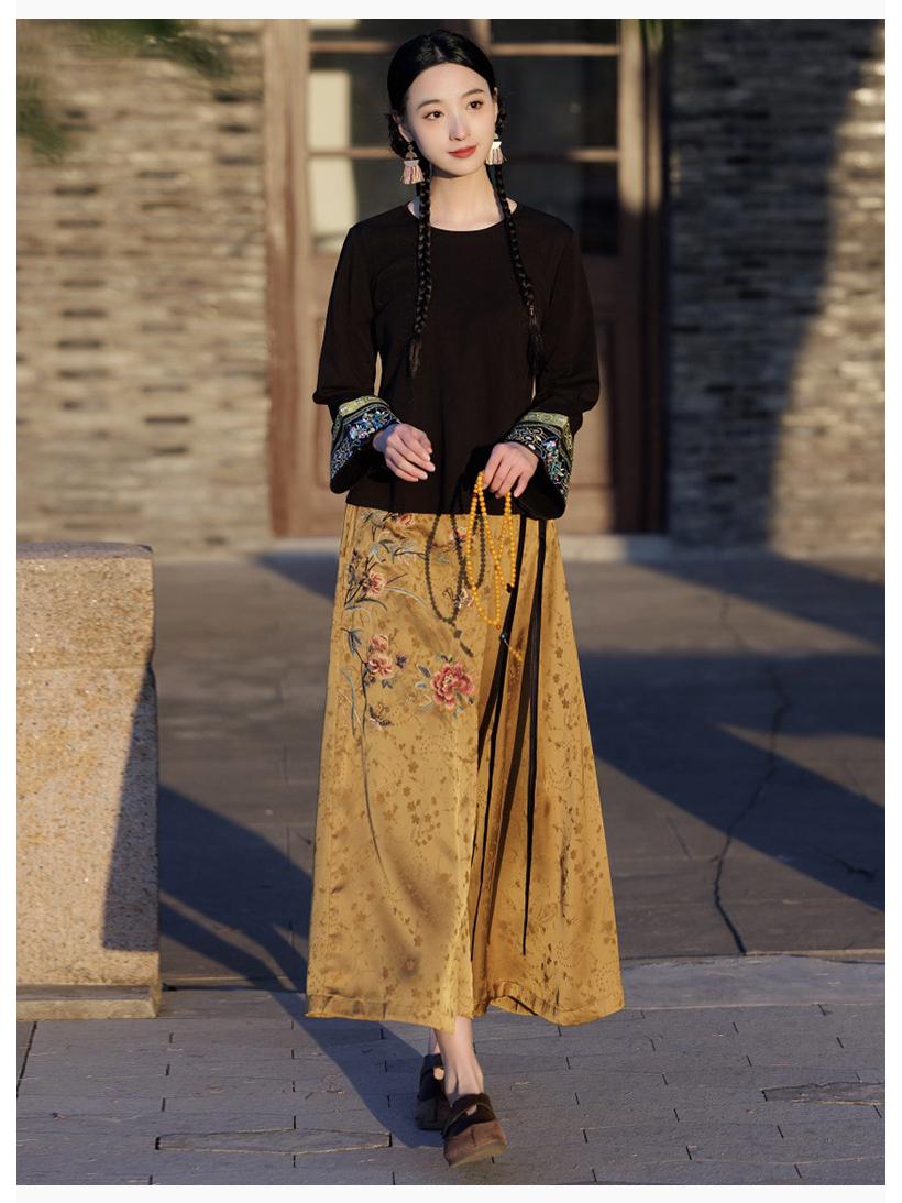 

Женские вышитые широкие брюки из тенселя – С высокой посадкой, в китайском ретро-стиле, свободного кроя One Size золотой