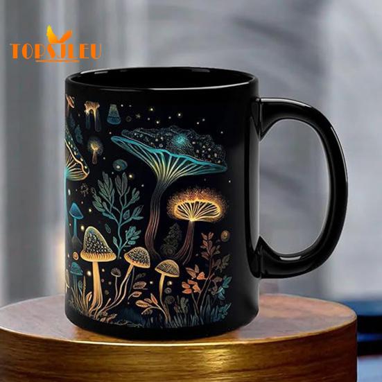 350ML Mushroom Coffee Mug with Grip Handle,Heat-Resistant Black Ceramic,Food Grade,Multifunctional Tea Milk Water Cup,Mushroom Lover Birthday Gift