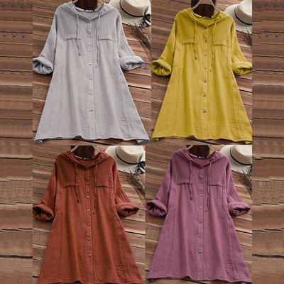 Bluse Damen Kordelzug Baumwolle Leinen Einfarbig Hut Locker Kapuzenpullover Langarm Strickjacke Hemd