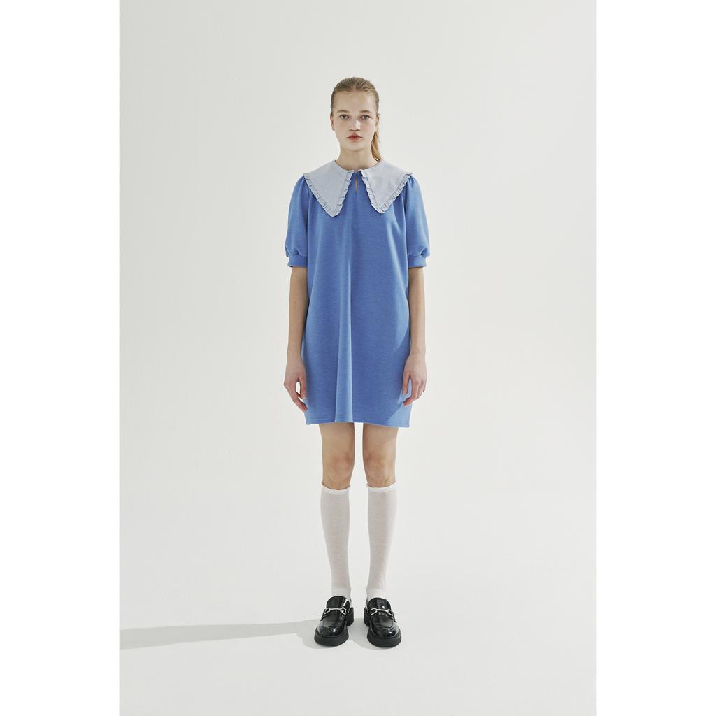 Between A And B Check Collar Frill Mini Dress [Blue]