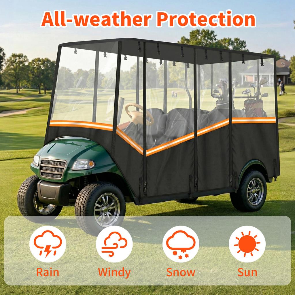 Fits 6-Person Golf Cart Enclosure with Transparent Windshield & Reflective Strips 600D Waterproof Oxford Fabric for Club Car