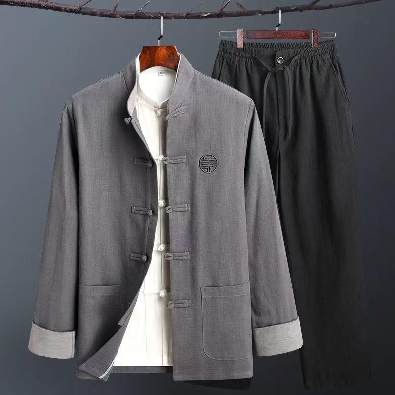 Men's Retro Chinese Tang Suit: Spring/Autumn Cotton Linen 3-Piece Set with Long Sleeve Frog Button Hanfu Coat