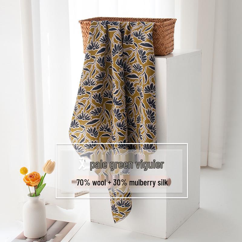 Women's Elegant Silk Wool Scarf: 2025 Autumn/Winter Double-Sided Print, Sun Protection, and Warmth